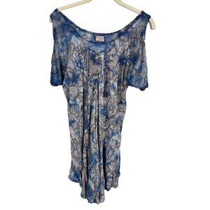 Tie Dye Floral Top M Blue Cold Shoulder Grunge Biker Tassel Hi Low Retro 80s